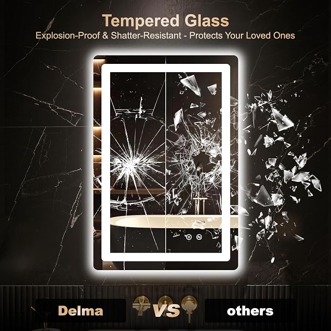 Delma 30x20 LED Bathroom Vanity Mirror with Lights, Anti-Fog, Dimmable | Front & Backlit with 3 Color Modes and Memory, 5mm Shatterproof Glass, Plug-in or Hardwired, Horizontal or Vertical