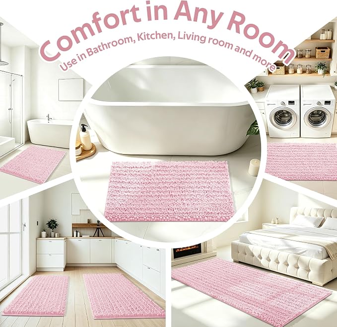 ACCUMTEK Upgrade Extra Large Pink Bathroom Rug Set 3 Pieces Ultra Soft, Thick Absorbent Bath Mats, Non Slip Chenille Toilet Mat for Bathroom, Bedroom, Kitchen