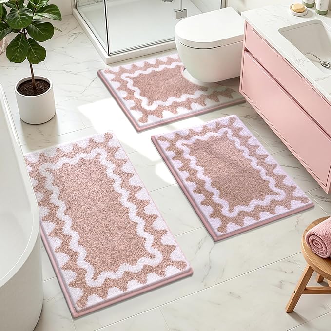 Findosom Bathroom Rugs Sets 3 Piece, Absorbent Soft Non-Slip Bath Rug Set | Washable Microfiber Shaggy Scalloped Bath Mat Set with Door Mat, U-Shaped Toilet Rugs, Shower Rug, Pink