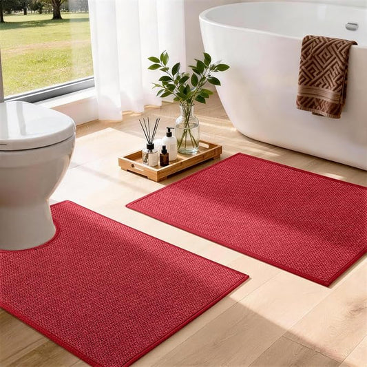 Red Bathroom Rugs Sets 2 Piece, Quick Dry Thin Bath Mat with Toilet Rug, Non Slip Absorbent Machine Washable, Bath Rugs for Tub Sink Home Decor (17"x24" + 17.5"x24" U-Shaped)