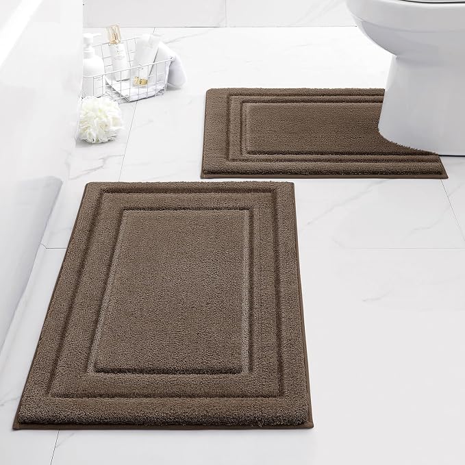 HOMEIDEAS Bathroom Rugs Sets 2 Piece, Super Soft and Absorbent Non Slip Microfiber U-Shaped Toilet Bath Mat Set (20"x32"+U20 x24, Brown) | Super Soft and Absorbent Non Slip Microfiber Bath Rug，Machine Washable, for Bathroom, 20"x32"+U Shape 20"x24"