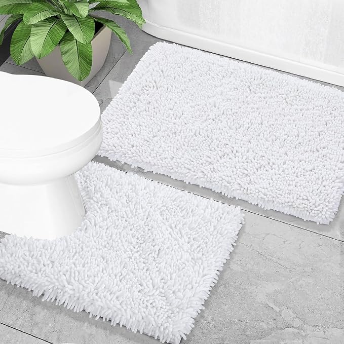 Yimobra Bathroom Rugs Sets 2 Piece, Soft Absorbent Bath Mat and U-Shaped Toilet Rug with Non Slip Backing, Luxury Shaggy Bath Mats for Bathroom, Machine Washable, 31.5"x20"+24"x20", White