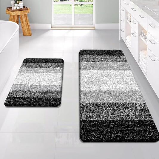 OLANLY Micorfiber Bathroom Rug Set 2 Piece, 47"x20"+24"x16" | Black, Soft Absorbent Bath Rug Set, Non-Slip, Machine Wash Dry, Plush Shaggy Bath Mats for Bathroom