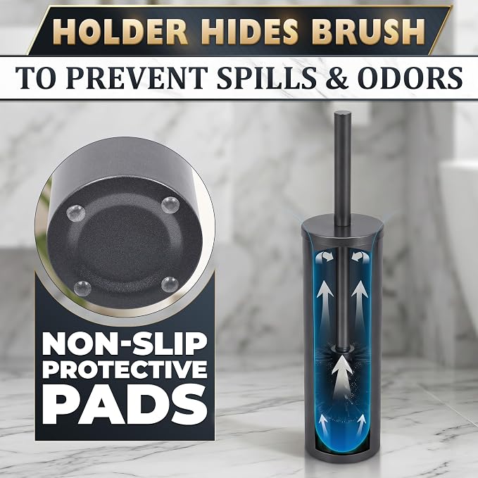 Graphite Metallic Stainless Steel Toilet Brush and Holder Set - Toilet Bowl Brush and Holder with Splash Cover, Sturdy Bristles, Corrosion & Scratch Resistant - Elegant Design, Effective Deep Cleaning