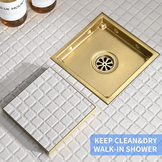 6-Inch Square Shower Drain, Brushed Gold Floor Drain with Flange, 304 Stainless Steel Bathroom 2-in-1 Tile Drain