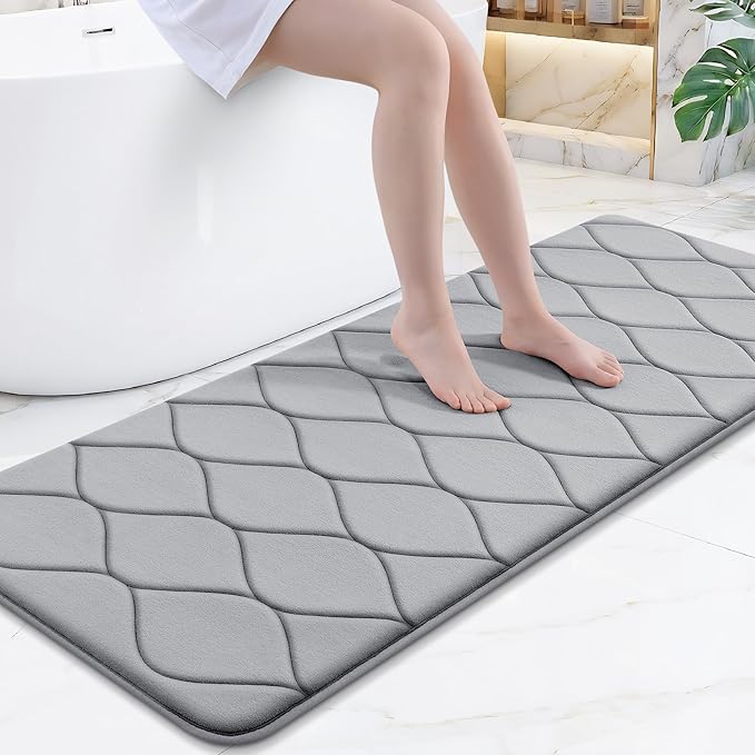 Smiry Memory Foam Bath Mat 59x24, Ultra Soft Absorbent Bathroom Rugs | Grey, Plush Quick Dry and Machine Washable Cushion Bath Mats for Bathroom, Shower, Tub & Home Decor