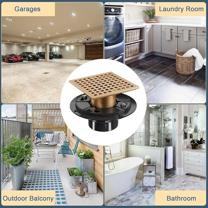 4-1/4" Square Shower Drain Kit - Champagne Bronze 304 Stainless Steel Low Profile Floor Drain with ABS Flange & Hair Catcher (Fits 2"/3" Pipes, Gold Finish)