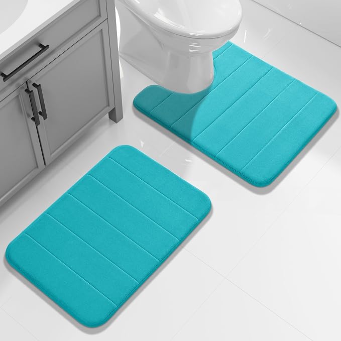 Yimobra Memory Foam Toilet Bath Mat U-Shaped, Soft and Comfortable, Super Water Absorption, Non-Slip, Thick, Machine Wash and Easier to Dry for Bathroom Commode Contour Rug, 24 X 20 Inches, Lake Blue