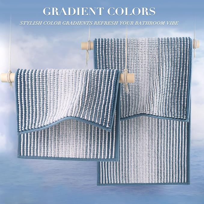 Bathroom Rugs Sets 2 Piece, Non Slip Striped Bath Mats, Fog Blue | 24"x70" Plus 20"x32", Soft Absorbent Chenille, Quick Dry Machine Washable, Shower Rug for Bathroom Floor, Tub, Bedroom Decor