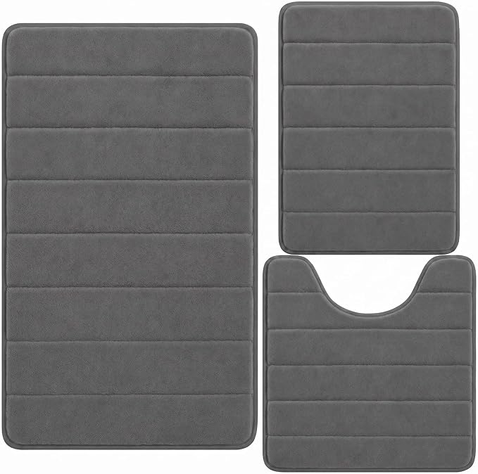 Bathroom Rugs Set 3 Piece, Memory Foam Bath Rugs, Non Slip Washable Bathroom Rug Set, Extra Soft Absorbent Bath Mats with U-Shaped Toilet Rug, Dark Grey