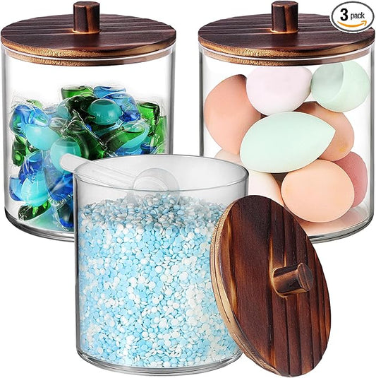 SheeChung 3 Pack 50 Oz Dark Wood Lid Large Apothecary Jar - Rustic Farmhouse Laundry Room Decor - Container for Bathroom Organization - Clear Storage Canister for Scent Beads & Salts
