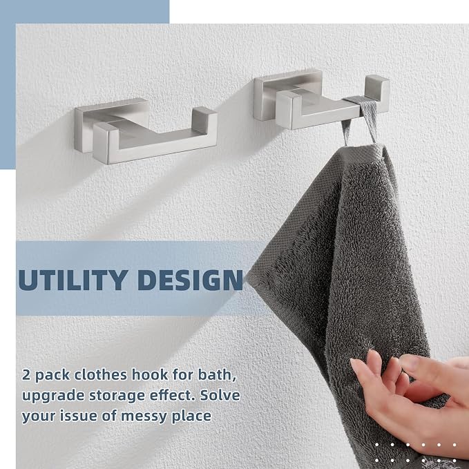 APLusee Double Bath Towel Hook 2 Pack, 304 Stainless Steel Square Dual Coat Holder, Modern Bathroom Kitchen Storage Hanger Wall Mounted, Brushed Nickel