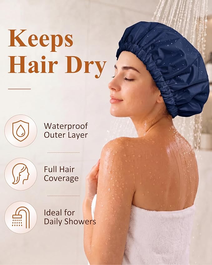 Edoneery Shower Caps for Women Reusable Waterproof, Shower Hair Cap | Washable Bonnet, Wide Elastic Band, Large Fit, Holds Long Hair, Braids Friendly, Bath Accessories, Spa, Travel