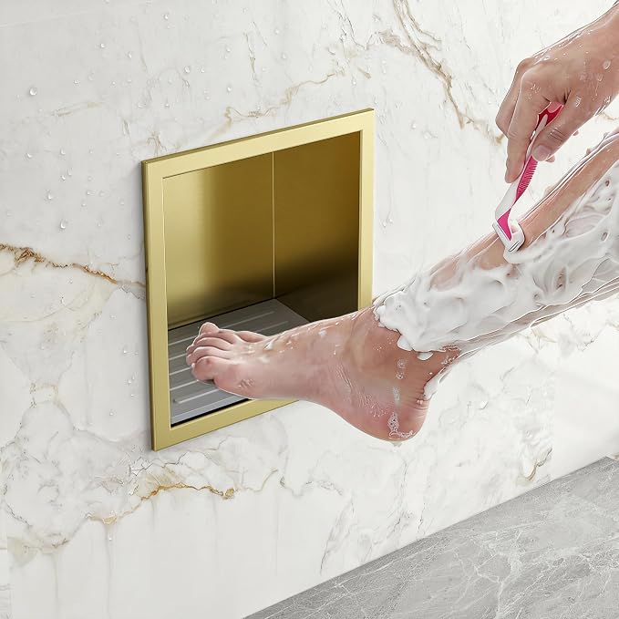 Neodrain Shower Foot Rest for Shaving Legs, 304 Stainless Steel Shower Niche, Recessed Shower Step for Shaving Legs,Niche for Shower Wall, Bathroom Foot Rest (Golden, 6.7" x 6")