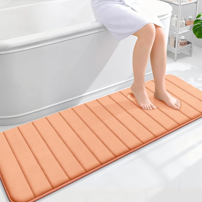 OLANLY Memory Foam Long Bathroom Rugs Runner 59x20, Super Soft Absorbent | Peach, Quick Dry Bath Mat, Machine Washable Shower Floor Rugs, Bathmat Carpet for Bathroom Floor, Tub and Shower