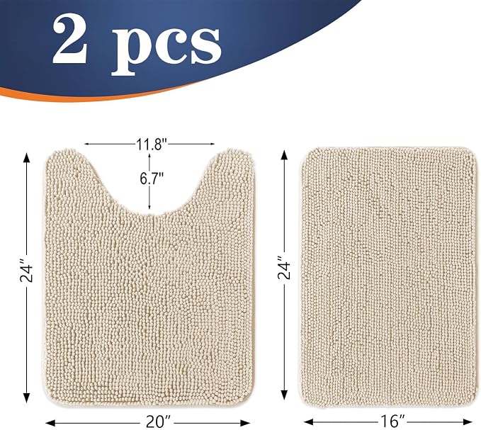 OLANLY Chenille Bathroom Rugs Mats Sets 2 Piece, 24"x16"+24"x20", Sand | Soft Absorbent Bath Mat and U-Shaped Contour Toilet Rug Set, Quick Dry, Machine Washable Bath Carpet, Home Decor Accessories