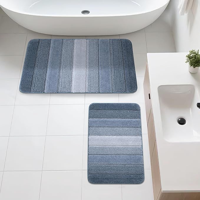 Kmson 2 Pcs Ombre Chenille Bathroom Rugs Set, Non-Slip Shower Mats for Bathroom Floor & Bathtub, Ultra Soft Washable Shaggy Bath Rugs, Thick Absorbent Microfiber Bath Mat Set Blue