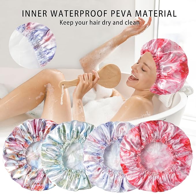 Shower Caps for Women, 4 PCS Reusable Waterproof Bath Cap | Double Layer, Washable, Wide Elastic Band, Holds Long Hair, Caps for Bath Accessories, Spa, Travel Home - Flower