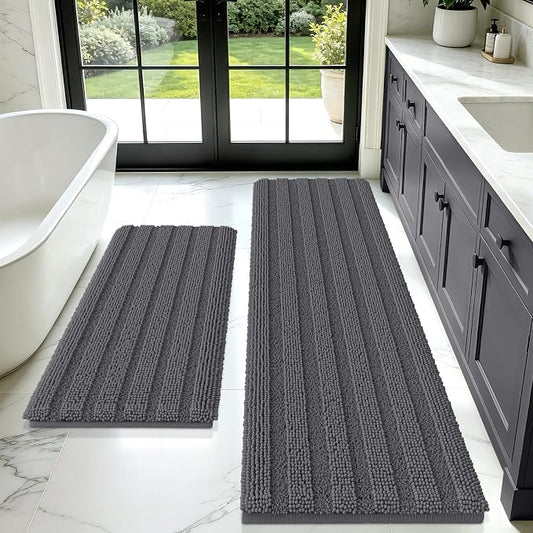 Striped Grey Bathroom Rug Mat Set 2 piece 32"x20"+60"x20" Ultra Soft, Non Slip Chenille Bath Rugs, Absorbent Plush Shaggy Bath Mats for Bathroom, Bedroom, Kitchen, Shower, Tub,Dark Gray, Charcoal