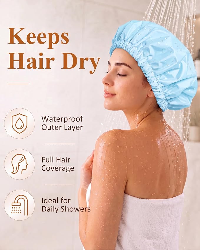 Edoneery Shower Caps for Women Reusable Waterproof, Shower Hair Cap | Washable Bonnet, Wide Elastic Band, Large Fit, Holds Long Hair, Braids Friendly, Bath Accessories, Spa, Travel