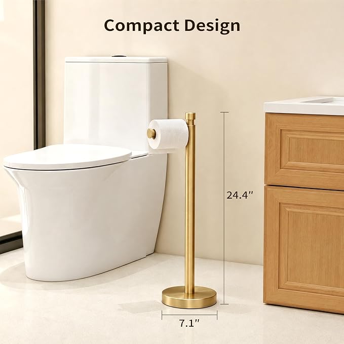 Toilet Paper Holder Stand, 4.4lbs Heavy Duty, Brushed Gold | Stainless Steel Design with Open-Arm Access for Bathrooms and Powder Rooms