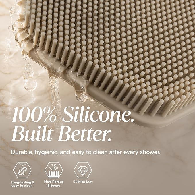 TOOLETRIES Silicone Back Scrubber with Hook, Exfoliating Body & Bath Brush, Long Ergonomic Handle, Non-Slip Grip for Hard-to-Reach Areas, Hygienic Silicone Bath Accessory for Men & Women - Sand