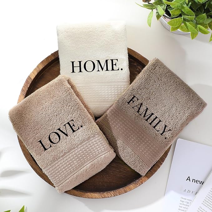 3 Pcs Hand Towels Bathroom Set,Brown,Home,Love,Family | Embroidered Cotton Farmhouse Towels, Kitchen Decor, Rustic Boho Decorative with Text Labels, Guest Bath Home