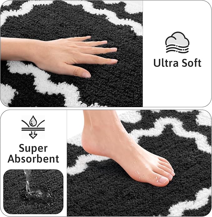 Findosom Bathroom Rugs Sets 3 Piece, Absorbent Soft Non-Slip Bath Rug Set | Washable Microfiber Shaggy Scalloped Bath Mat Set with Bathroom Runner Rug, U-Shaped Toilet Rugs, Shower Rug, Black