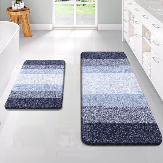 OLANLY Micorfiber Bathroom Rug Set 2 Piece, 47"x20"+24"x16" | Dark Blue, Soft Absorbent Bath Rug Set, Non-Slip, Machine Wash Dry, Plush Shaggy Bath Mats for Bathroom