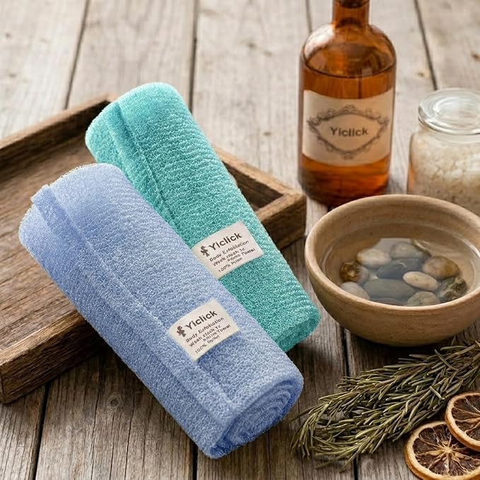 2PCS Exfoliating Washcloth Towel - Exfoliating Body Scrubber Exfoliator, Loofah Sponge Wash Cloth, Korean & Japanse & African Net Sponge Rag - Back Scrubber Washer (Lake Blue+Blue)