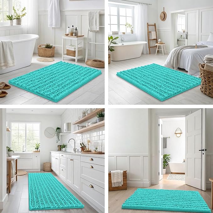 Smiry Bathroom Rugs 44X24, Extra Soft Rubber Backing Chenille Bath Mats | Turquoise Machine Washable Non Slip Quick Dry Bath Mats for Bathroom Floor, Tub, Shower, Home Decor Accessories