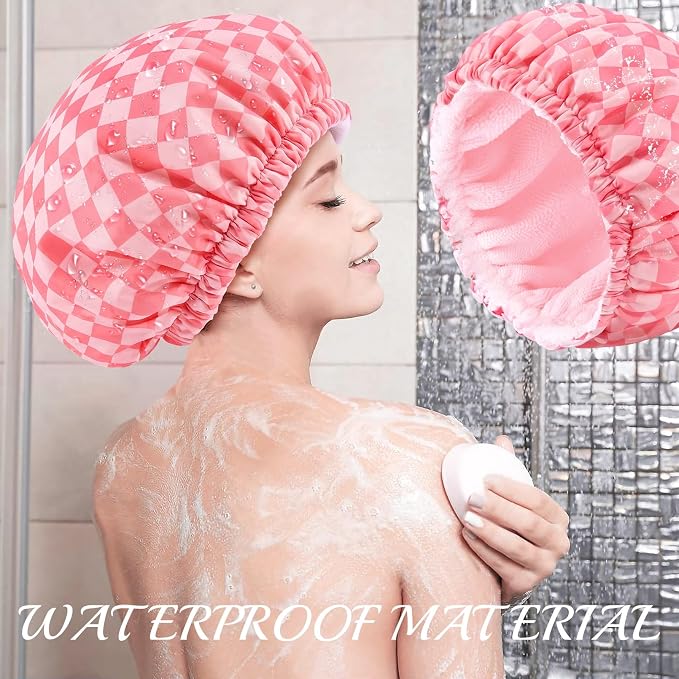 Shower Cap for Women Terry Lined Bath Cap Large Reusable Waterproof Elastic Pink Checkered Shower Caps for Long Thick Hair Soft Bath Shower Hair Caps