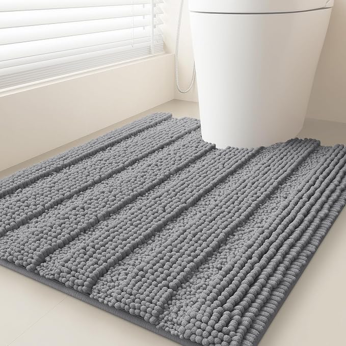 Striped Light Grey Toilet Bathroom Rug Mat 24" x 20" Contour Rug Ultra Soft, Non Slip Chenille Bath Rugs, Absorbent Plush Shaggy Bath Mats for Bathroom, Bedroom, Kitchen, Shower, Tub,Light Gray
