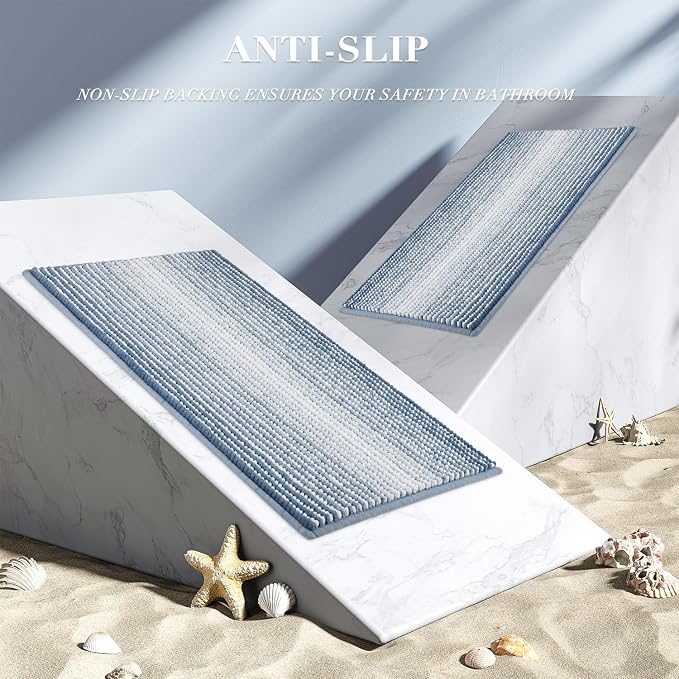 Bathroom Rugs Sets 2 Piece, Non Slip Striped Bath Mats, Fog Blue | 20"x32" Plus 16"x24", Soft Absorbent Chenille, Quick Dry Machine Washable, Shower Rug for Bathroom Floor, Tub, Bedroom Decor