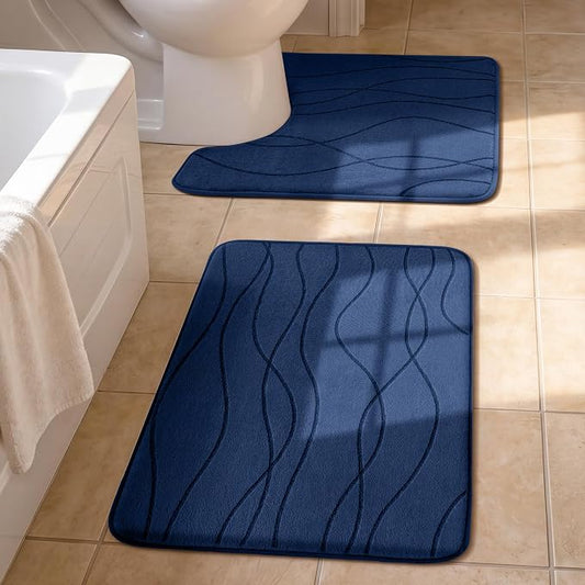 YIHOUSE Bathroom Rugs Set 2 Piece, Memory Foam Bath Mat Navy Blue | U Shaped+Small Mat, Ultra Soft, Absorbent, Non-Slip, Machine Washable, for Bathroom, Sink and Toilet