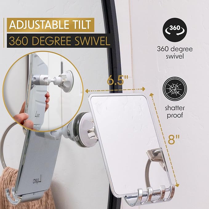 Luxo Shower Mirror, Shower Mirror fogless for Shaving with a Removable Razor Holder - Shaving Mirror for Shower with a Powerful Suction Cup - Shatterproof fogless Mirror for Shower (Chrome)