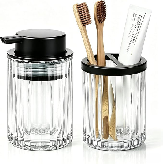 2 Pcs Soap Dispenser and Toothbrush Holder Set, Clear | Glass Bathroom Accessories Set, Bathroom Counter Set, Countertop Vanity Organize, Sleek Organizer for Modern Bath Decor