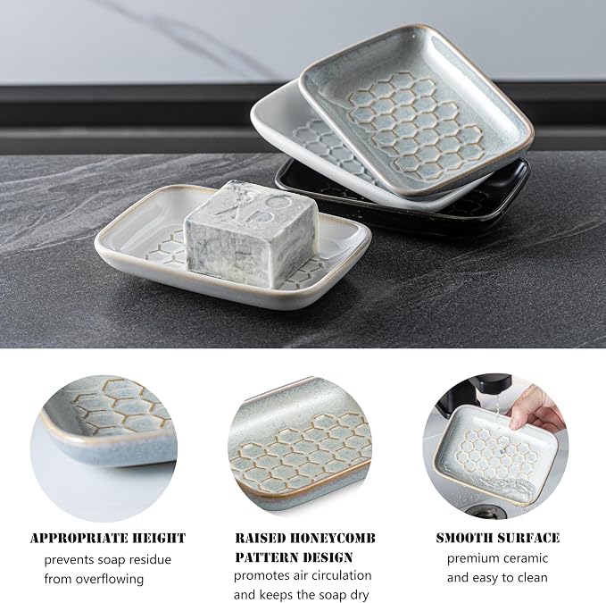 Gomakren Soap Dish for Shower, Ceramic Bar Soap Holder with Honeycomb Design, Father's Day Soap Saver Tray for Bathroom Kitchen Sink, Sponge & Organizer Tray, Upscale Look, 5.5 Inch, Gray