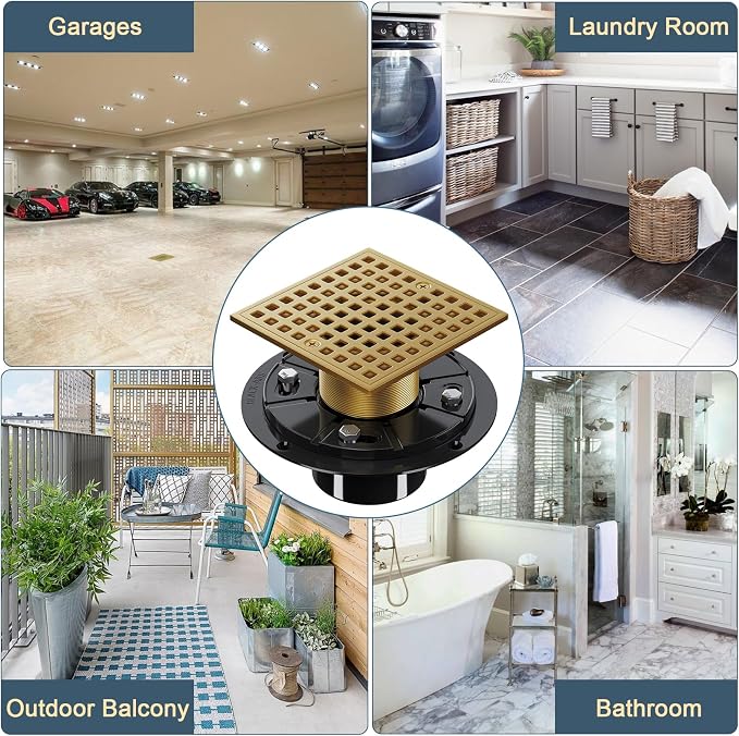 Champagne Bronze 4 Inch Shower Floor Drain with Flange - Square Shower Drain with Hair Strainer - Removable Strainer Cover - SUS304 Stainless Steel - Antique Brass