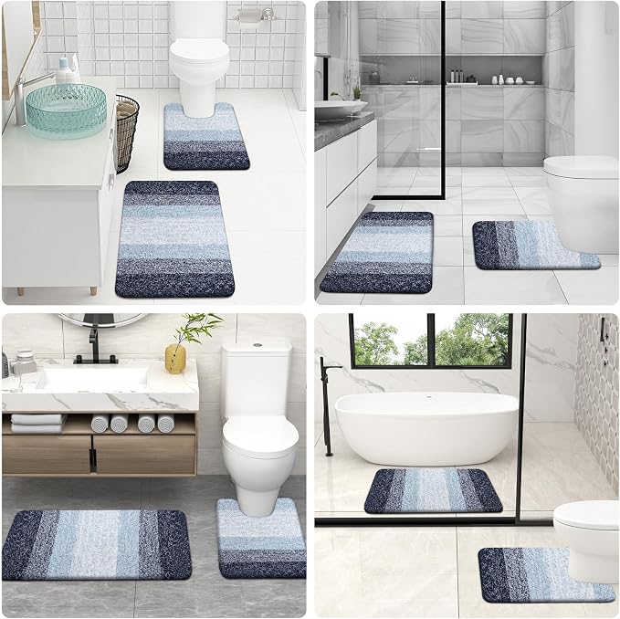 OLANLY Micorfiber Bathroom Rug Set 2 Piece, 47"x20"+24"x16" | Dark Blue, Soft Absorbent Bath Rug Set, Non-Slip, Machine Wash Dry, Plush Shaggy Bath Mats for Bathroom