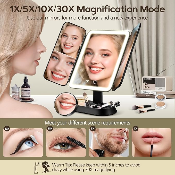 GOMIPURU Makeup Mirror with Lights and 30X/10X/5X Magnification, Vanity Mirror with 3 Color Lights, Rechargeable, Detachable, Lighted Makeup Mirror with Magnification, Trifold Mirror, Gifts, Black
