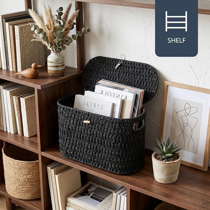 Coeusy Toilet Paper Storage Basket with Lid, Paper Rope Toilet Paper Holder for Up to 6 Mega Rolls, Wicker Basket for Bathroom Accessories Organizer, Boho Hand Woven Rattan Decorative Decor, Black