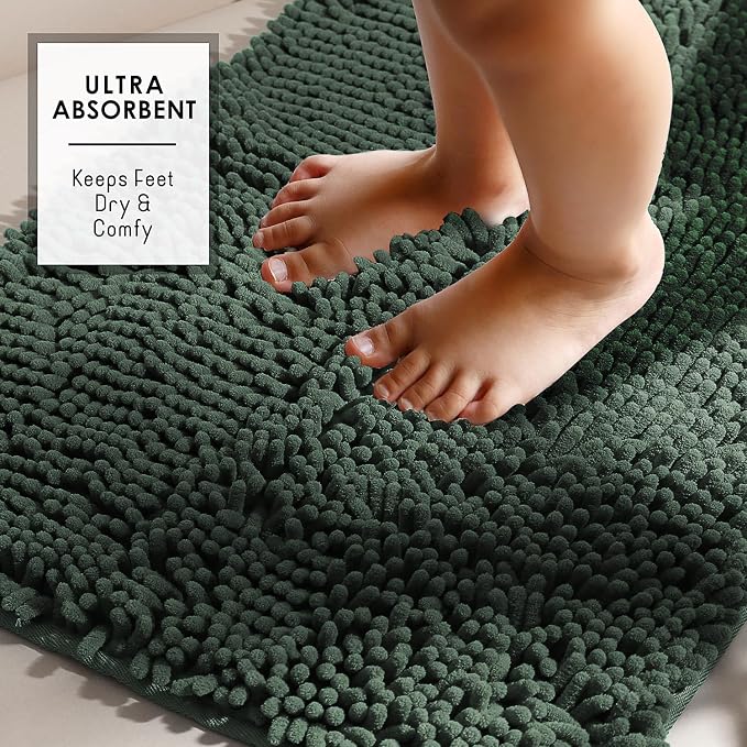 Hearth & Harbor Bathroom Rugs, Chenille Bath Mat - Machine Washable Bath Mats for Bathroom Non-Slip Backing Rubber, Quick Dry Bathroom Mat - Hunter Green 17x24-20x24