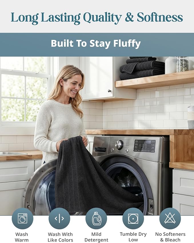 Casa Platino Bathroom Towel Set 8 Piece Soft Absorbent Quick Dry - Black | Cotton Towel Set - Coordinated Colors, Dobby Border Accent, OEKO-TEX Certified, Ring-Spun Durability, Ring-Spun Cotton