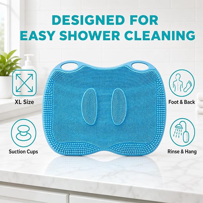 XL Silicone Shower Foot Scrubber Mat with Suction Cups, Foot Washer for Shower, Foot and Back Scrubber for Smooth Shower Wall or Floor, Blue, 17.3 x 12.9 in