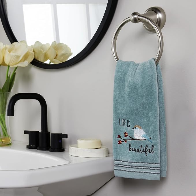 SKL Home by Saturday Knight Ltd. Life Is Beautiful 2 Pc Hand Towel Set, Aqua | 100% Cotton. Soft, decorative velour. For use in the bathroom, kitchen or bar & makes a great gift.