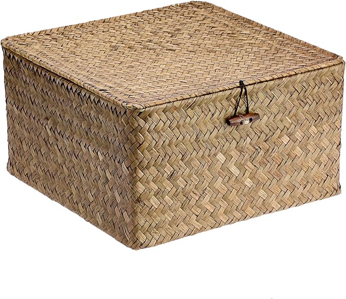 Hipiwe Handwoven Storage Box with Lid Seagrass Wicker Shelf Basket Bin Household Organizer for Bookshelf Living Room Bath Room, Coffee, X-Large