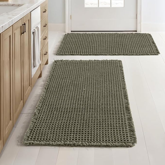 MIULEE Set of 2 Waffle Bathroom Rugs Boho Bath Mat Green 18x30 Inch | Non Slip, Super Absorbent, Washable, Ultra Soft, Rubber Backed Bath Rugs for Bathroom Floor Tub Shower