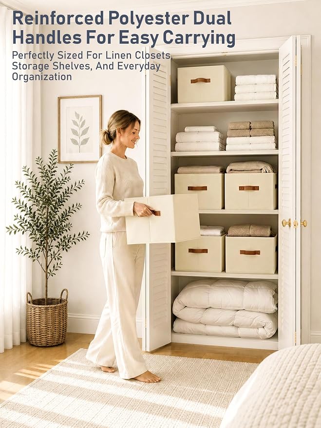 6 Pack Large Closet Storage Baskets Bins for Shelves, Collapsible Fabric Closet Organizers and Storage with Polyester Handles, Decorative Baskets for Organizing Clothes, Towels, Linen Closet 16x12x10"
