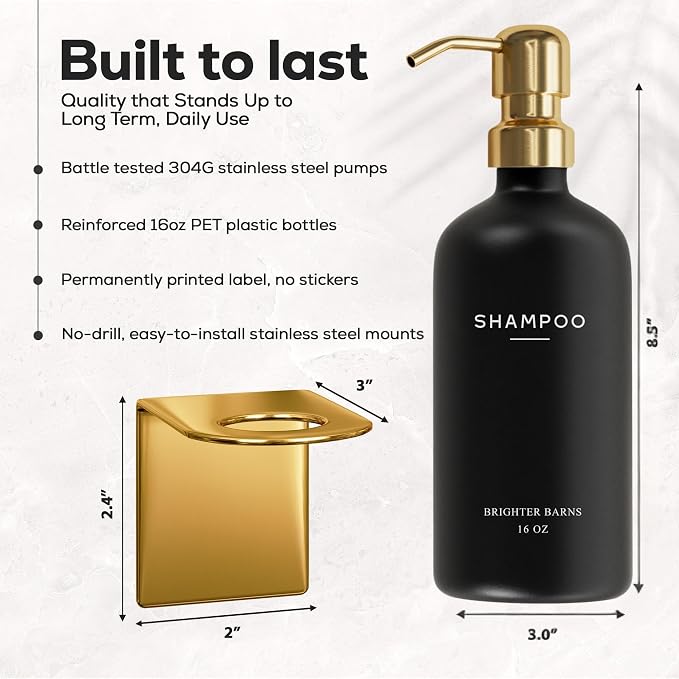 Luxury Shampoo and Conditioner Dispenser Set Wall Mounted by Brighter Barns - Refillable Shower Shampoo Dispenser and Stainless Steel Pumps - Modern Bathroom Decor for Guest House, Airbnb (Black Gold)